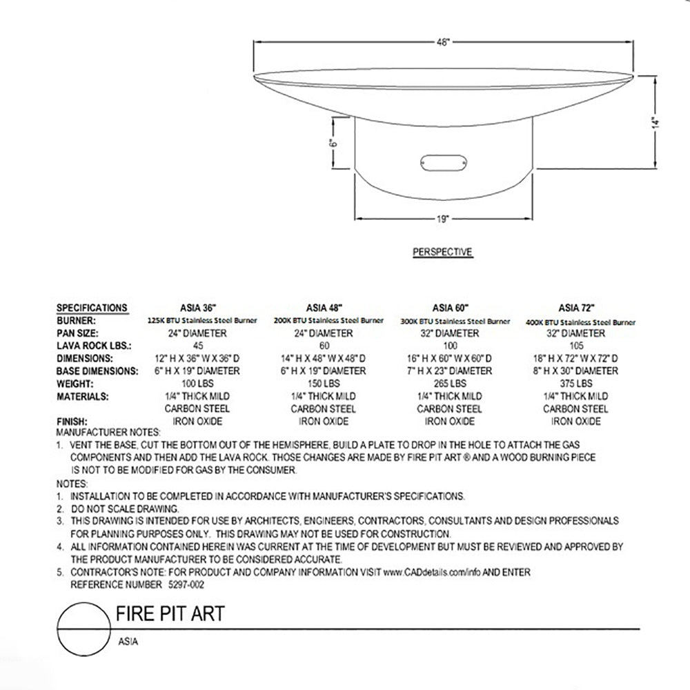 Fire pit product diagram with measurements for a 60-inch gas model