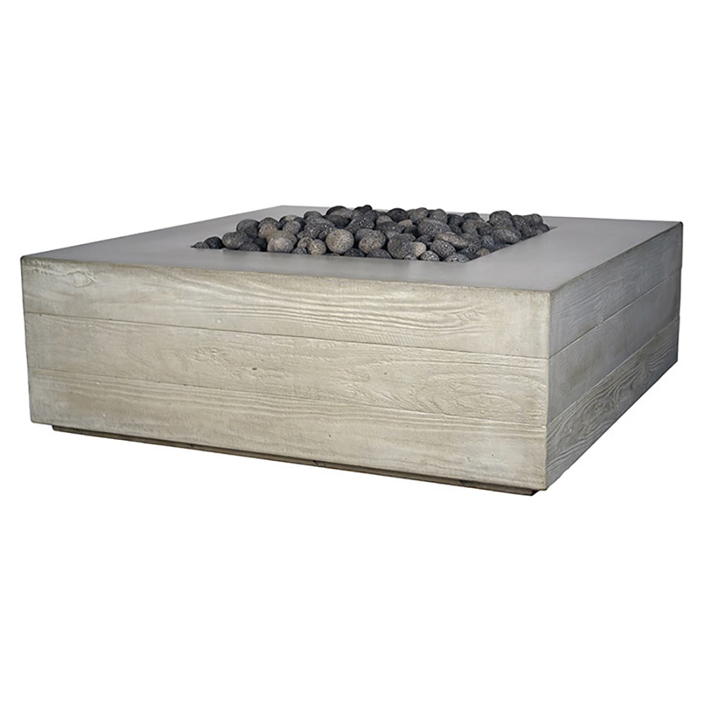 Square fire pit table in light gray with rock-filled burner