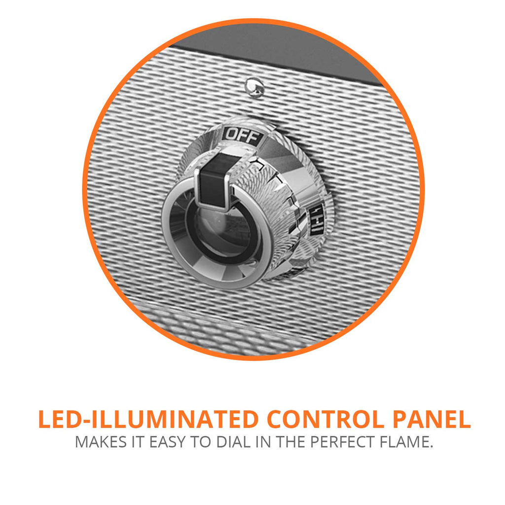 Side burner control knob dial with OFF marking on textured panel