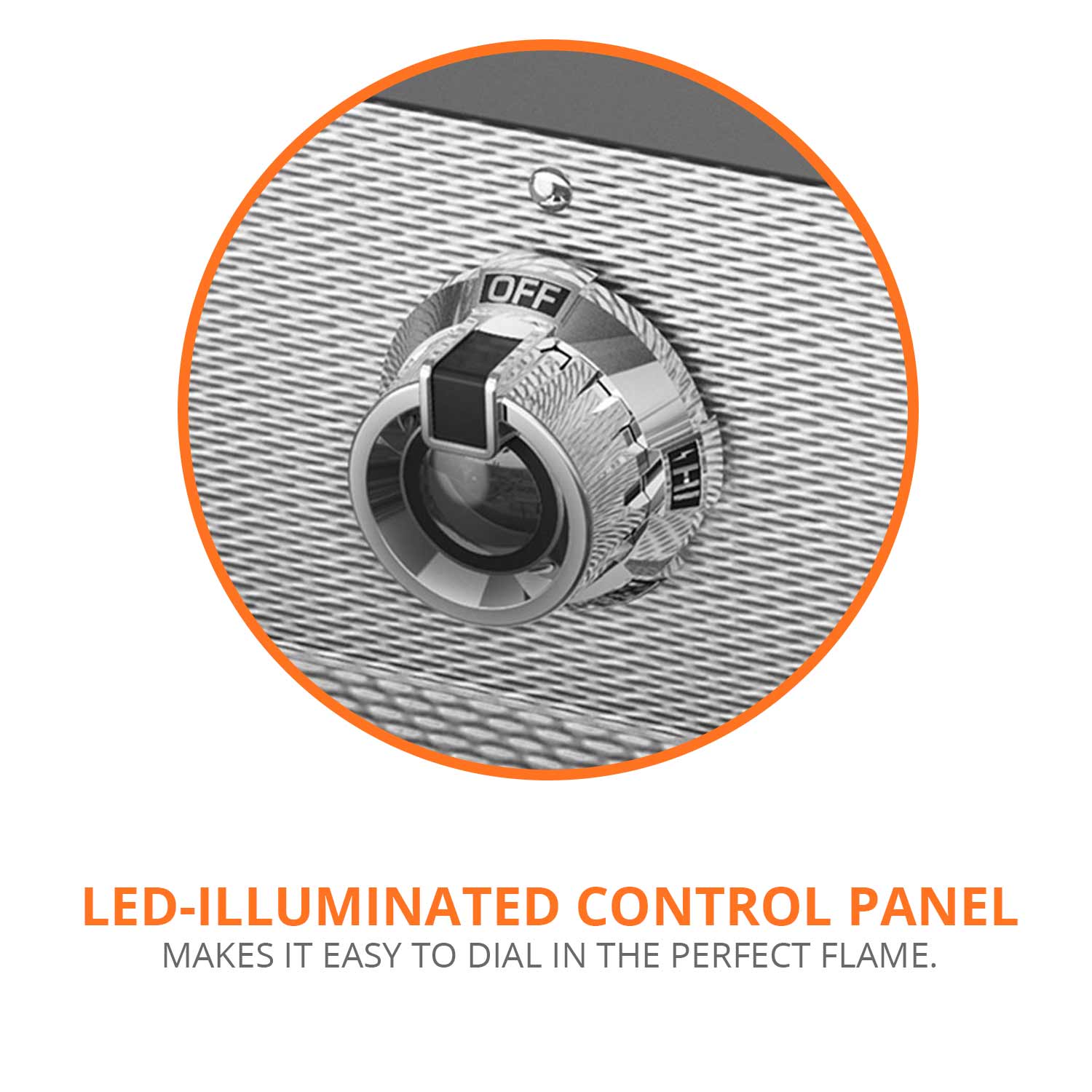 Side burner control knob dial with OFF marking on textured panel