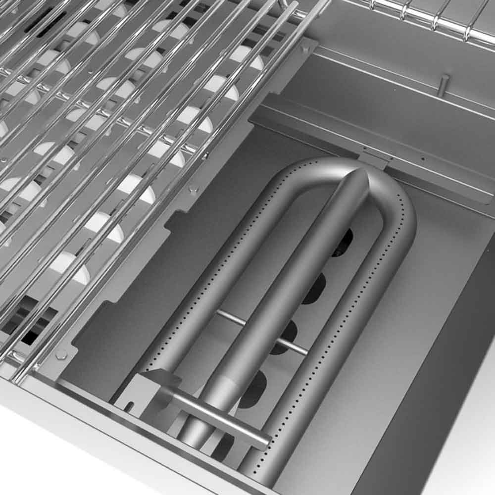 Freestanding gas grill interior showing stainless burner tubes and grill grate