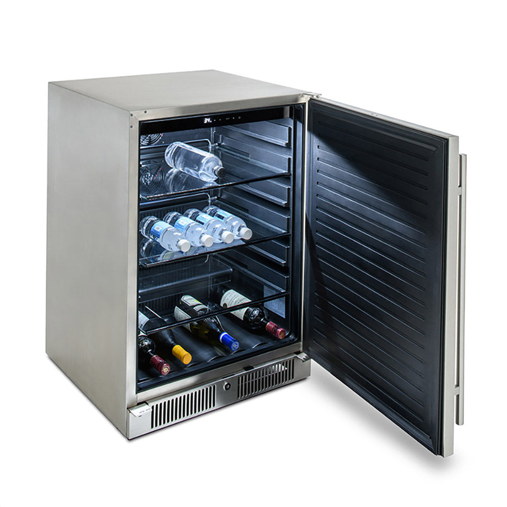 Outdoor refrigerator with door open, stainless interior shelves and bottle storage