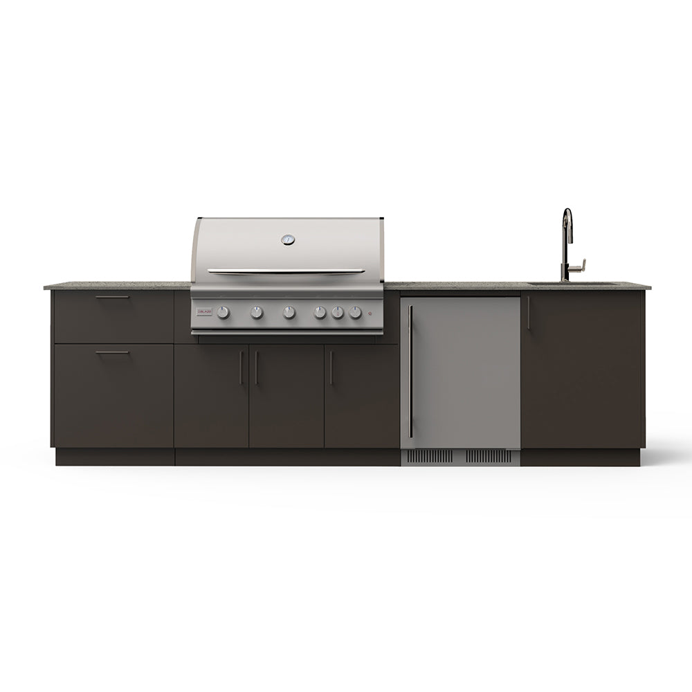 Outdoor kitchen island front view with built-in grill and sink; dark cabinets and light countertop