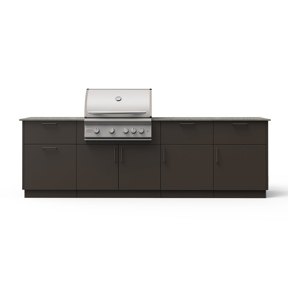 Outdoor kitchen island with grill, dark cabinetry, and light stone countertop