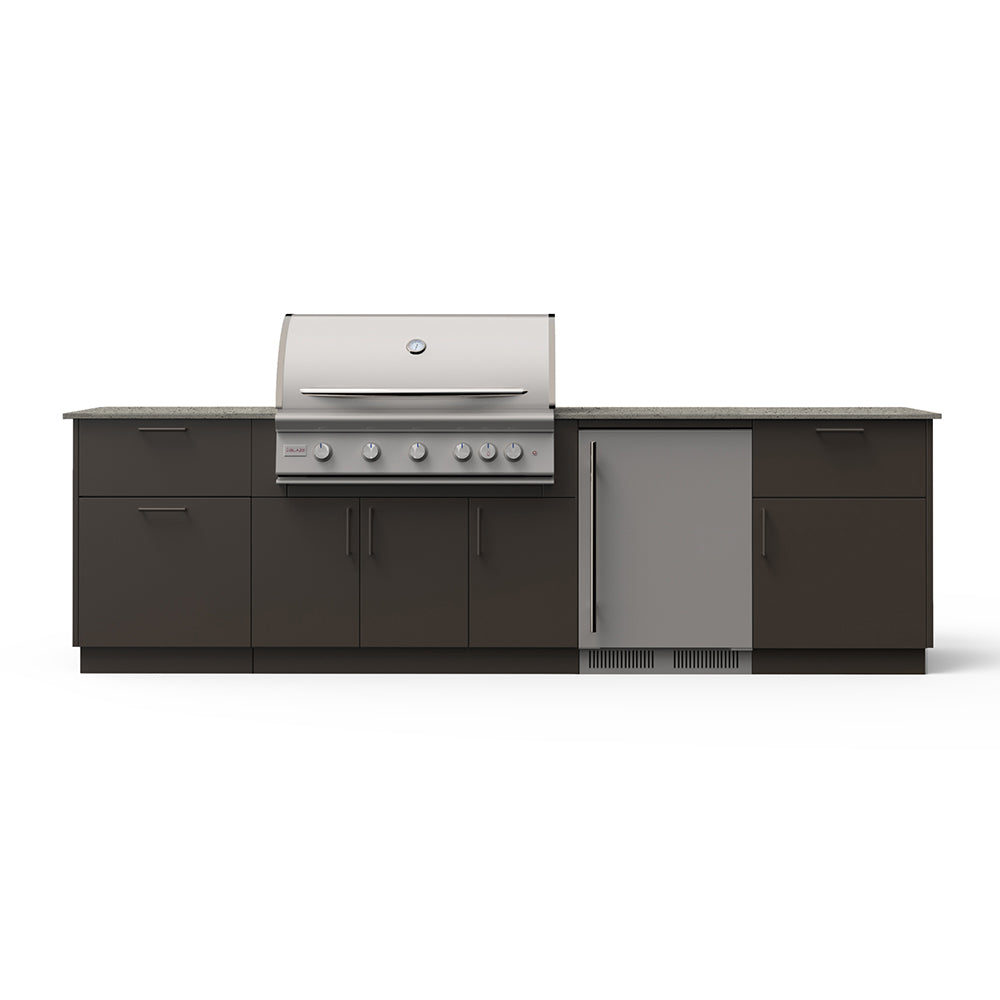 Outdoor kitchen island with built-in grill, countertop top, and stainless fridge section