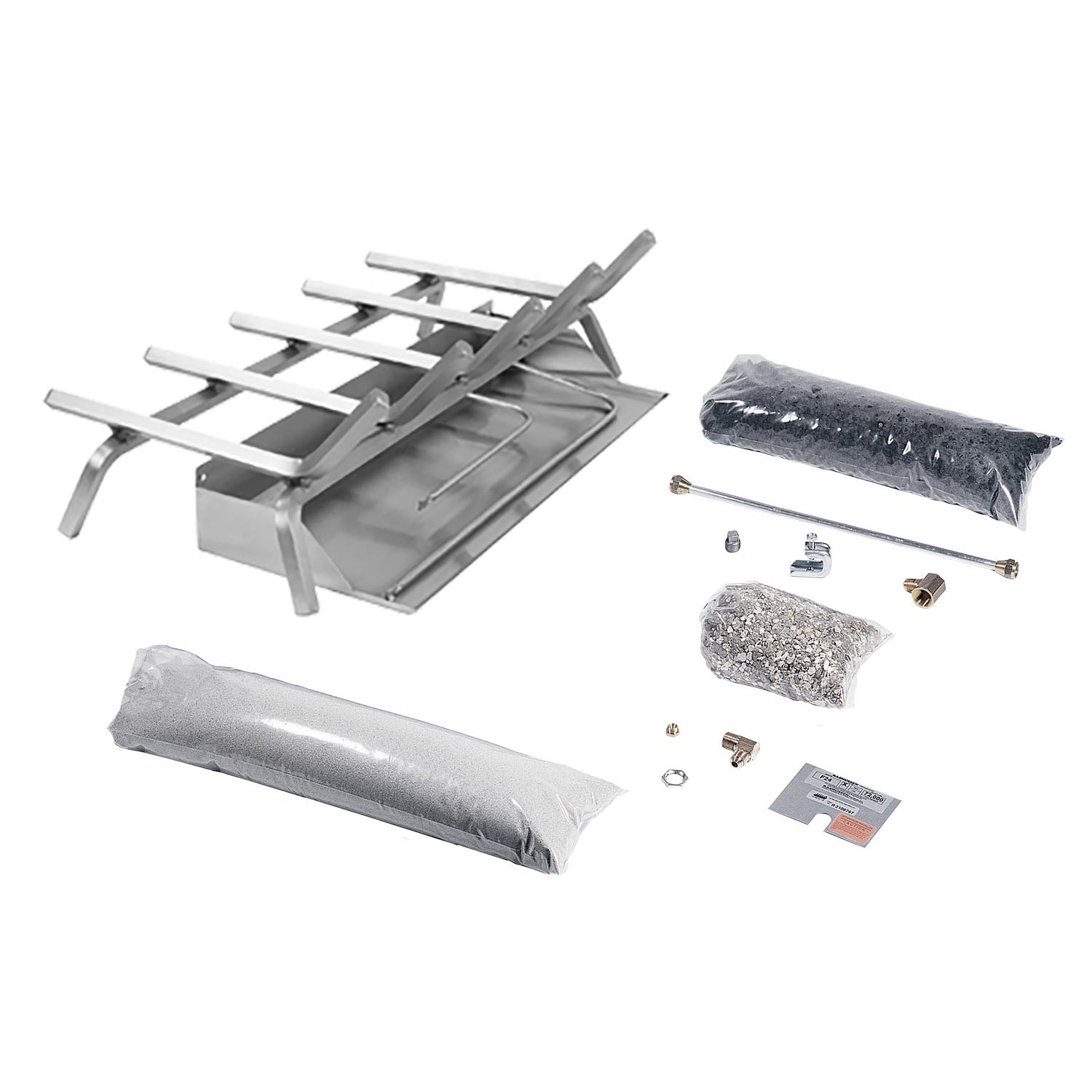 Stainless steel burner and grate kit with support bars, shields, and hardware