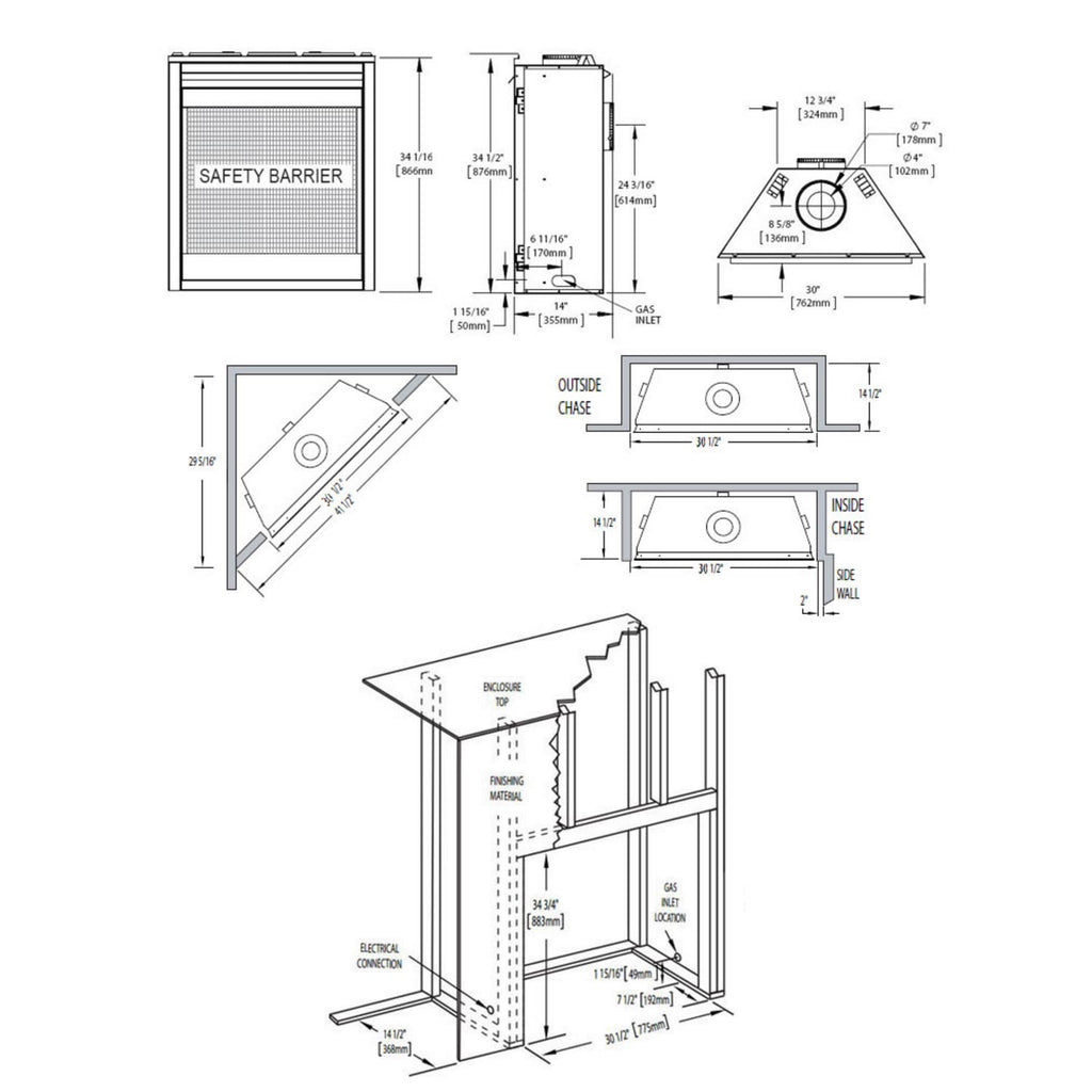 Gas fireplace installation diagram with safety barrier and ventilation dimension callouts