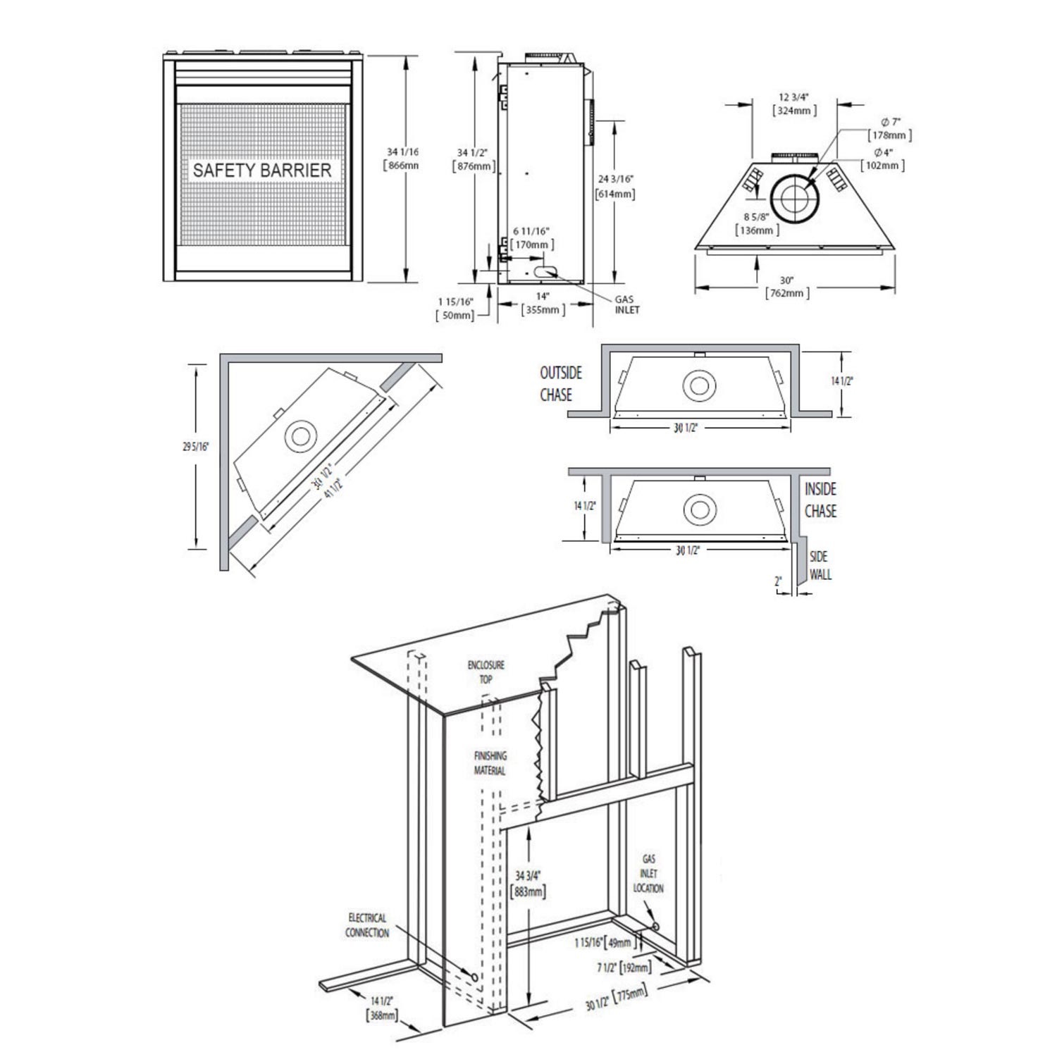 Gas fireplace installation diagram with safety barrier and ventilation dimension callouts