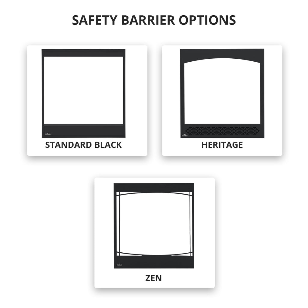 Gas fireplace safety barrier options card with three barrier frame styles