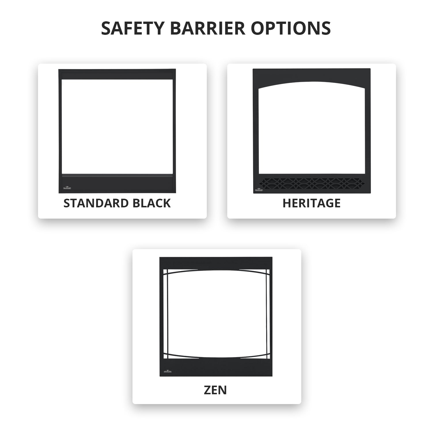 Gas fireplace safety barrier options card with three barrier frame styles