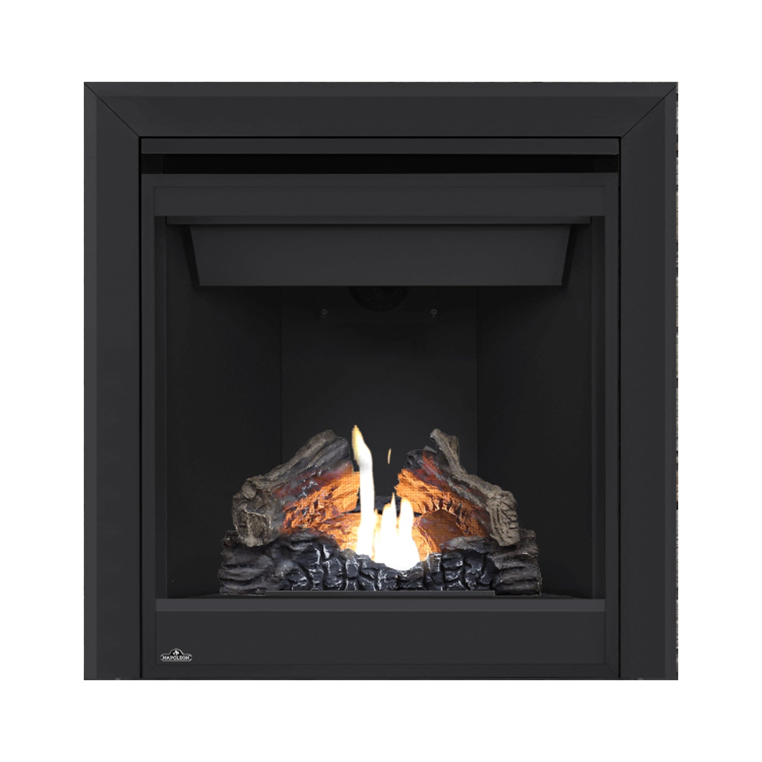 Black gas fireplace insert with glowing flames and stacked faux logs over dark stones