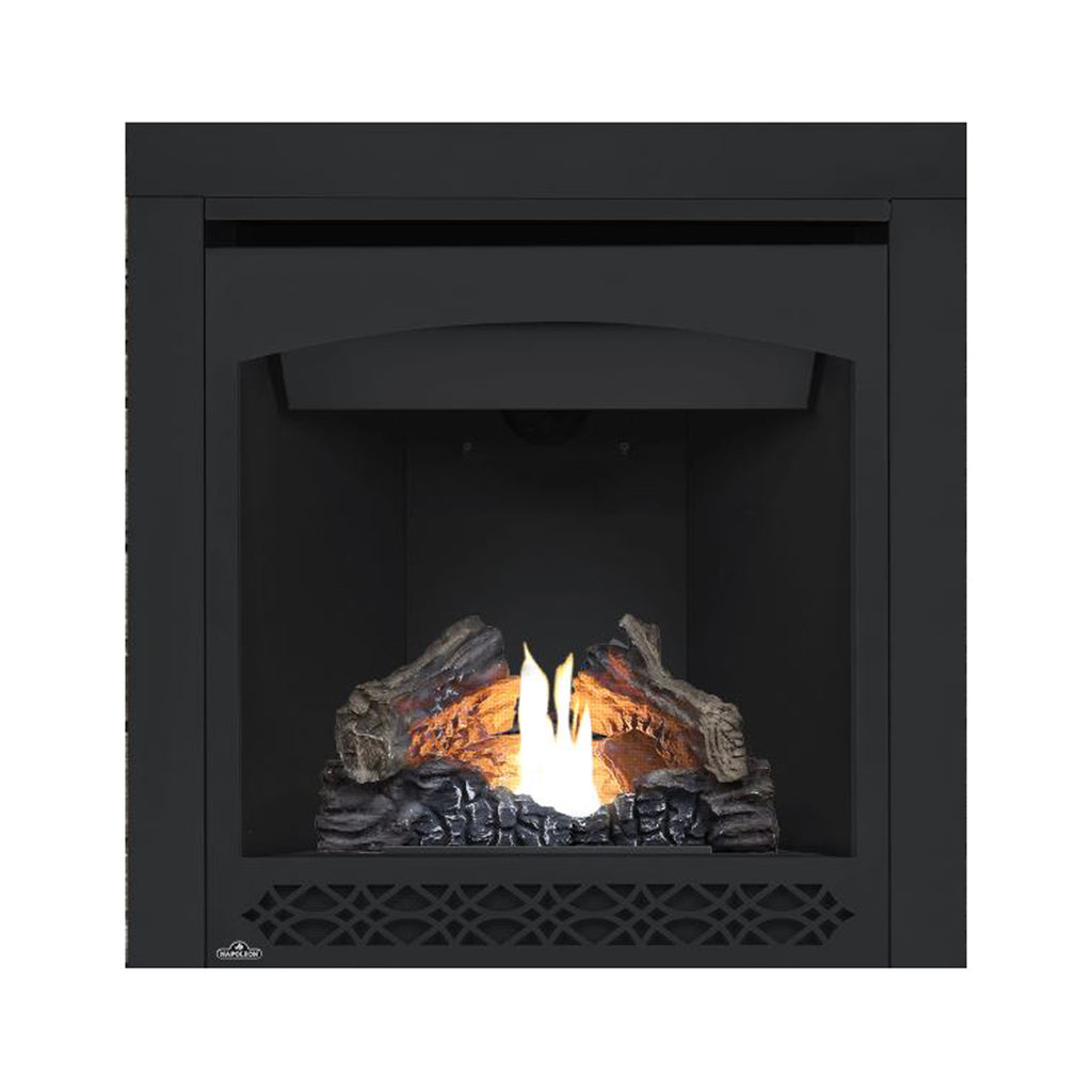 Direct vent gas fireplace with black surround and bright flames over gray logs; front opening.