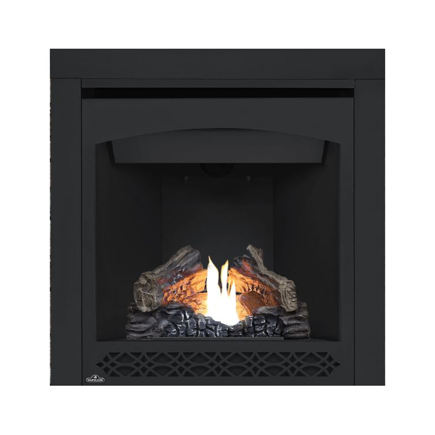 Direct vent gas fireplace with black surround and bright flames over gray logs; front opening.