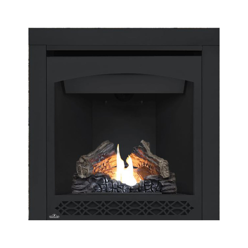 Direct vent gas fireplace with black surround and glowing flames over gray logs; front grille.