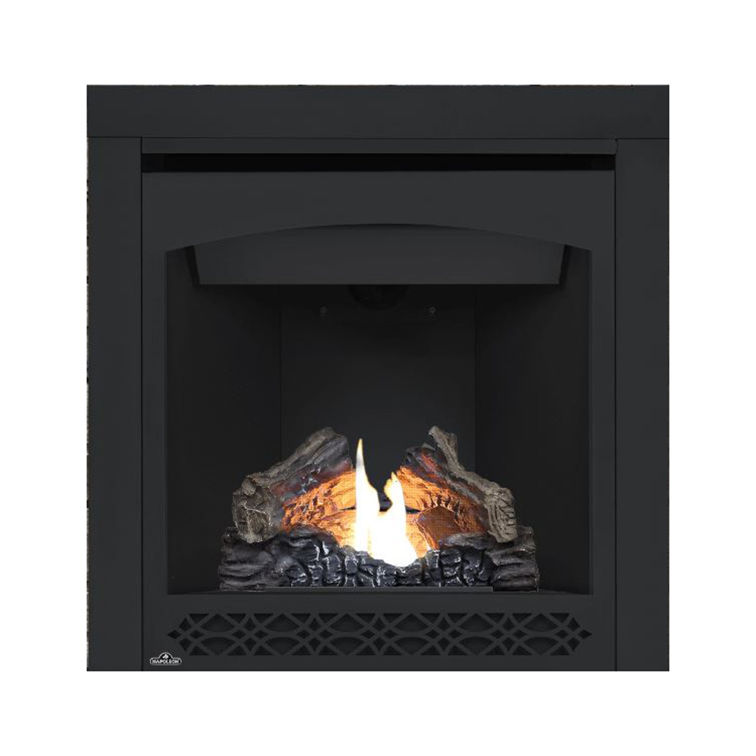 Direct vent gas fireplace with black surround and glowing flames over gray logs; front grille.