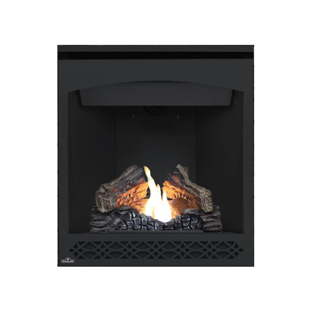Black direct vent gas fireplace with central flame, faux logs, and dark stone bed