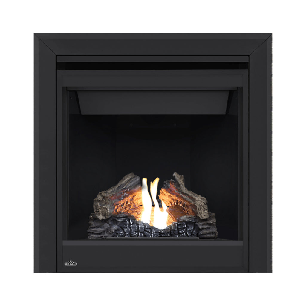 Direct vent gas fireplace with black surround and bright flames over gray logs; logo on base.