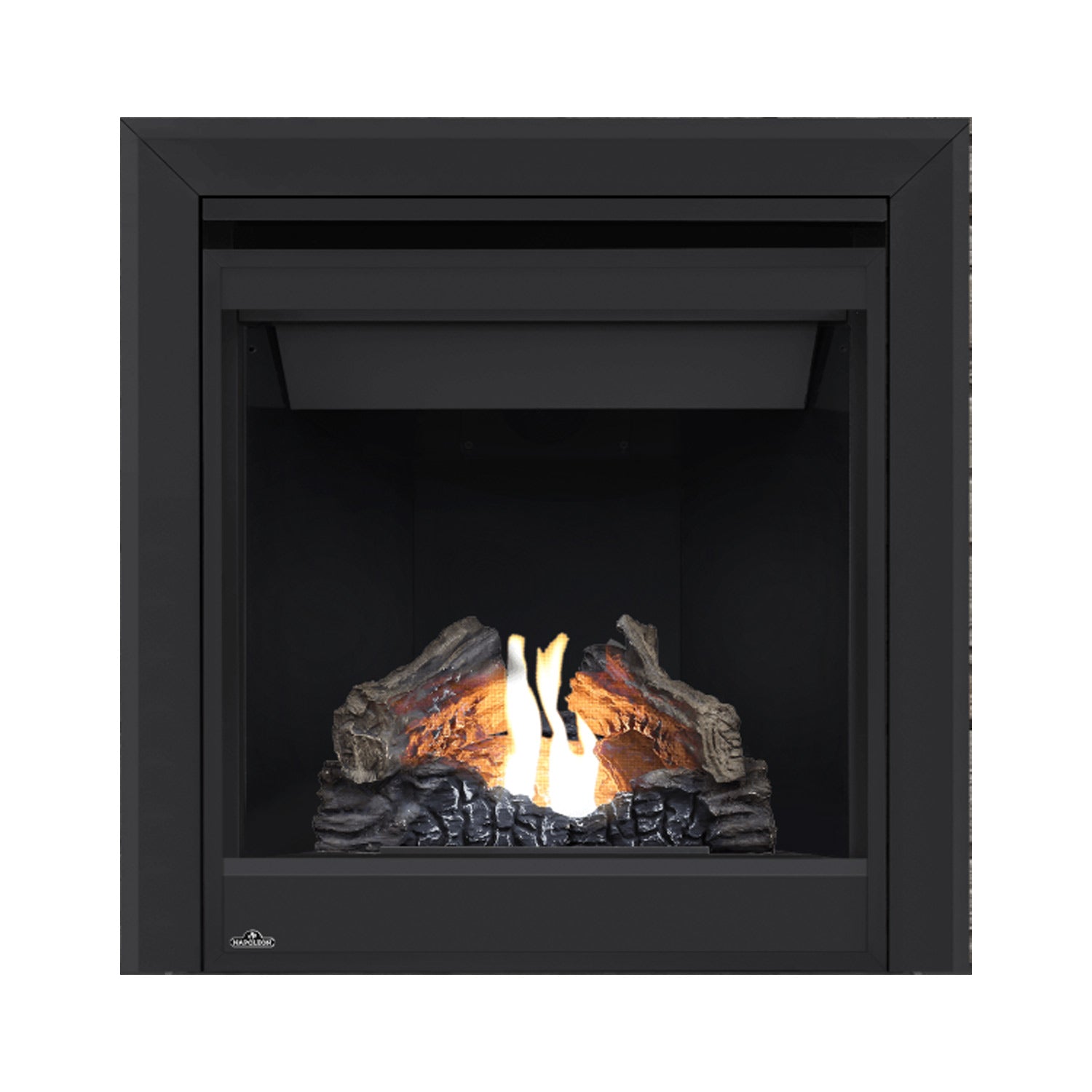 Direct vent gas fireplace with black surround and bright flames over gray logs; logo on base.
