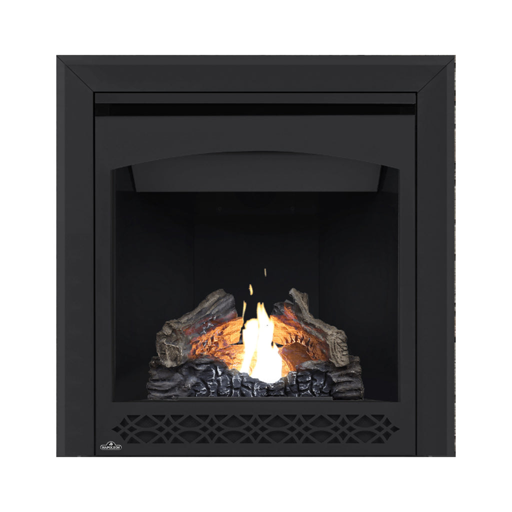 Black direct vent gas fireplace with glowing burner and logs