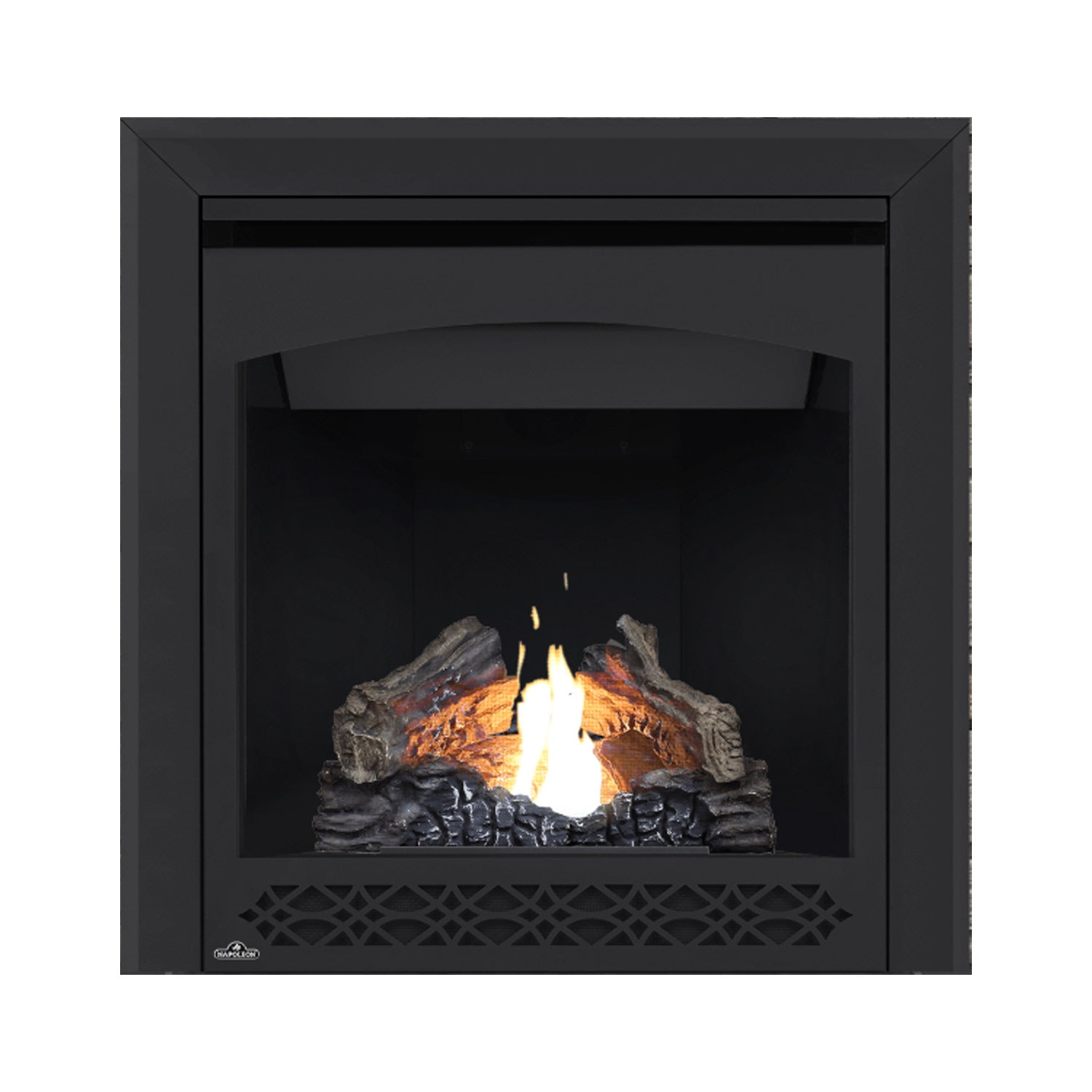 Black direct vent gas fireplace with glowing burner and logs