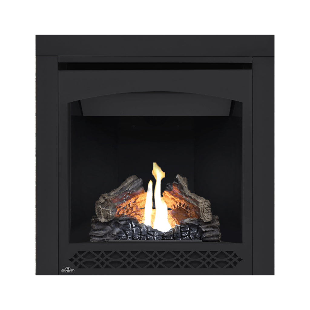 Direct vent gas fireplace with black surround and glowing flames over gray logs; front grille at bottom.