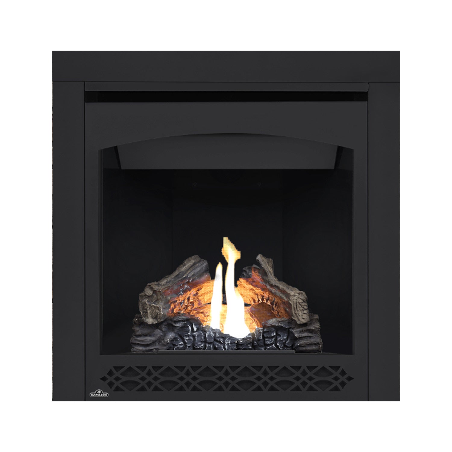 Direct vent gas fireplace with black surround and glowing flames over gray logs; front grille at bottom.