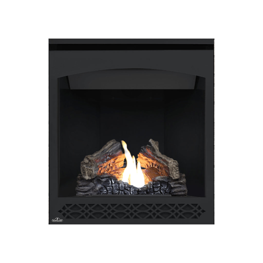 Direct vent gas fireplace with black surround, glowing flames over gray logs; front grille pattern.
