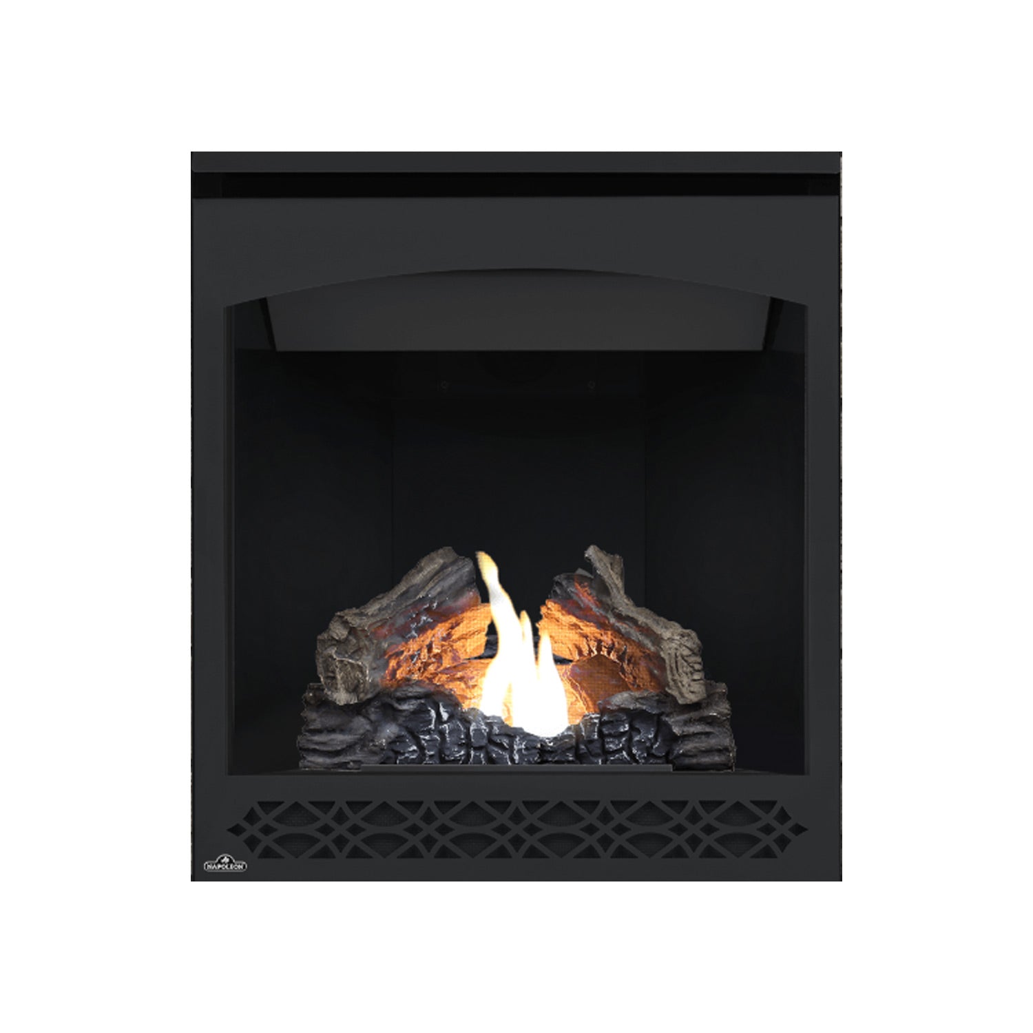 Direct vent gas fireplace with black surround, glowing flames over gray logs; front grille pattern.