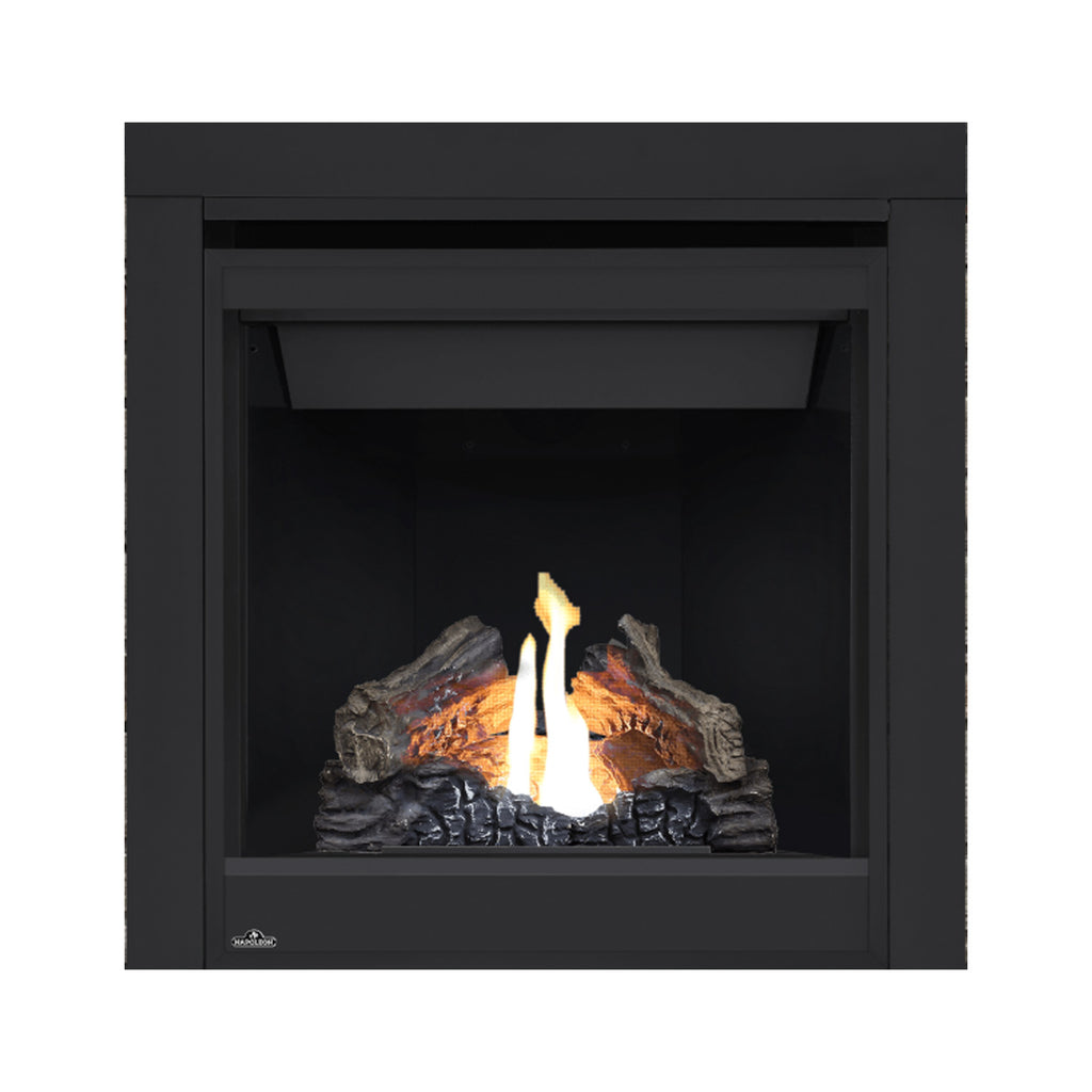 Direct vent gas fireplace with black surround and glowing flames over gray logs; centered firebox.