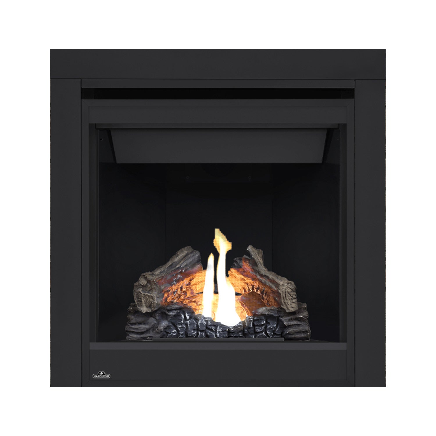 Direct vent gas fireplace with black surround and glowing flames over gray logs; centered firebox.