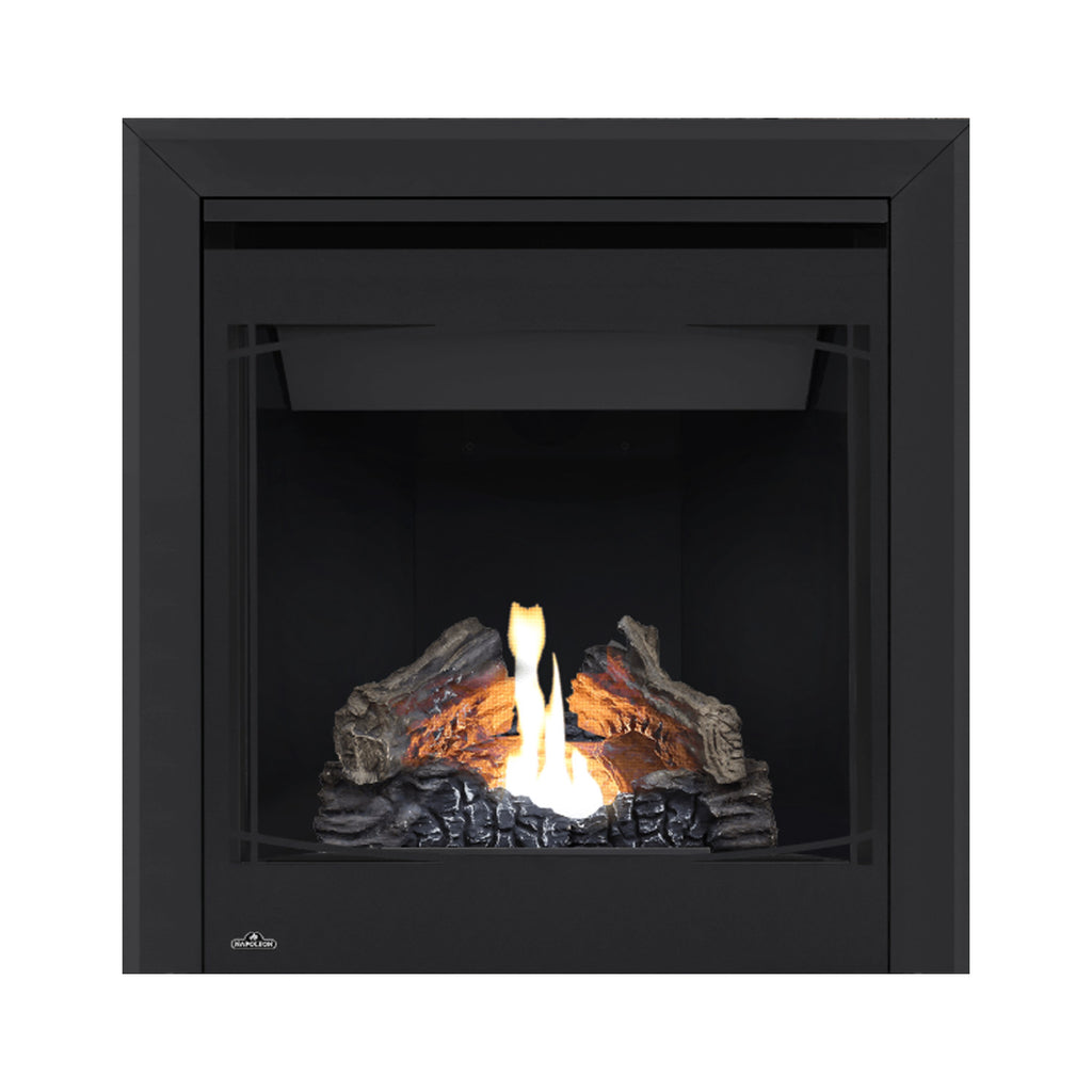 Black direct vent gas fireplace with burning log set and flame