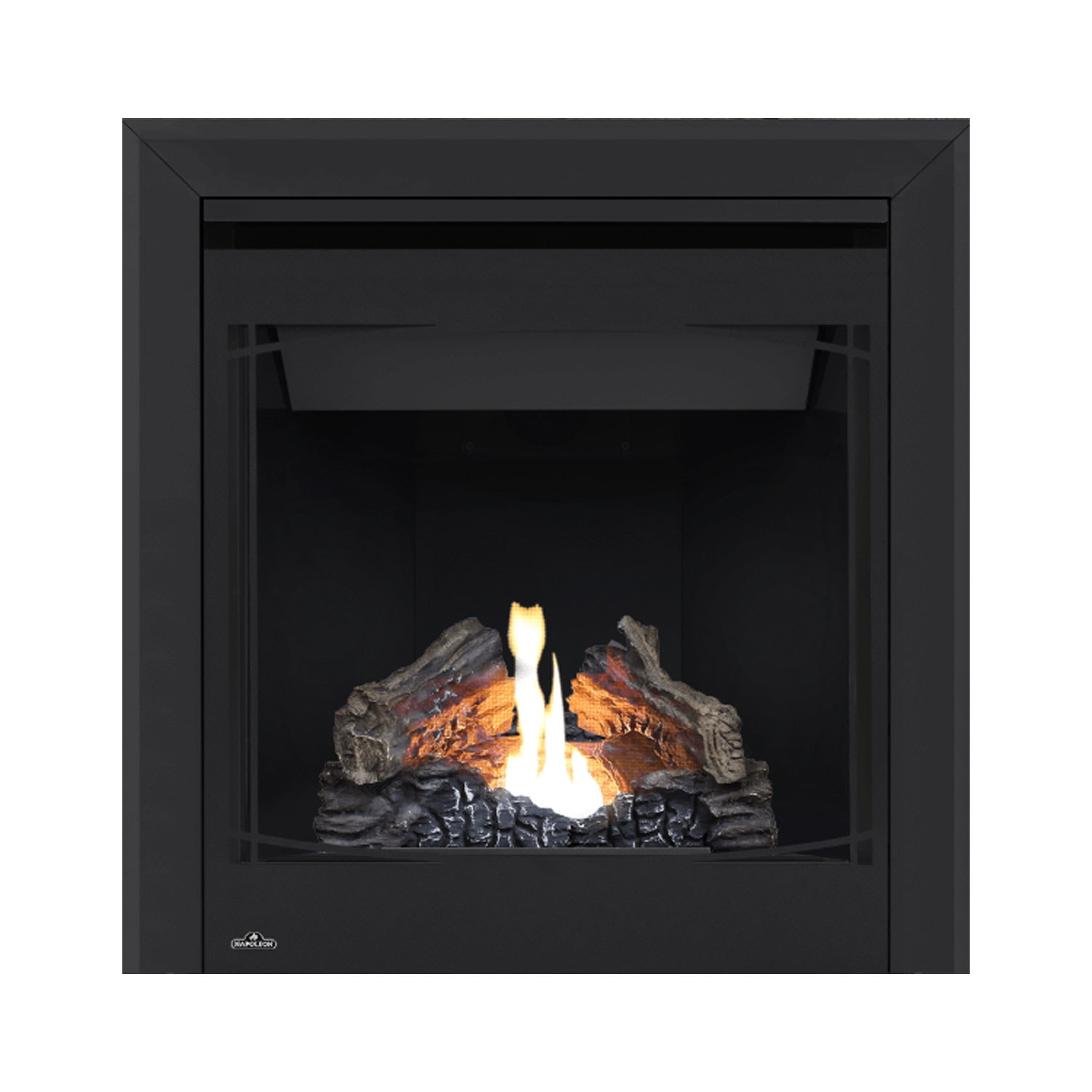 Black direct vent gas fireplace with burning log set and flame
