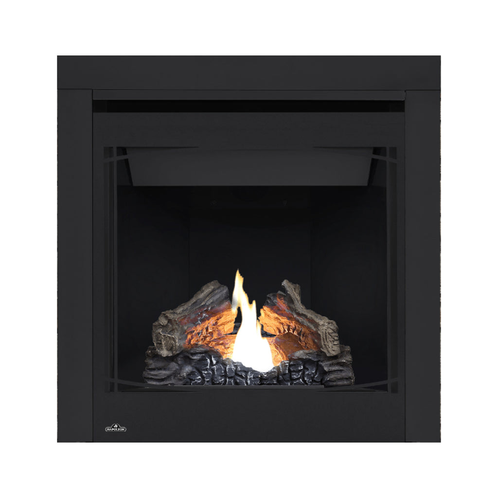 Black direct vent gas fireplace with burning logs and visible flame