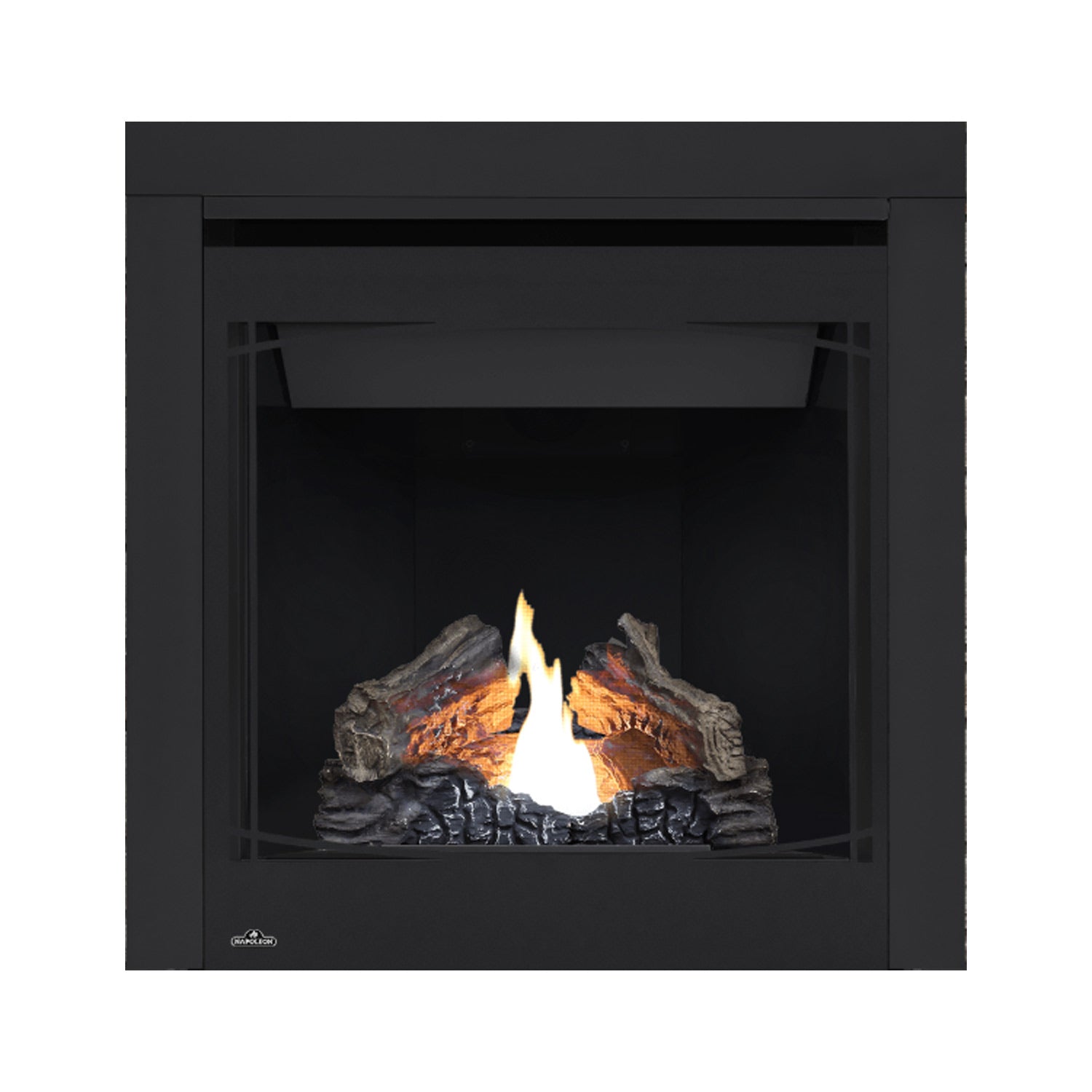 Black direct vent gas fireplace with burning logs and visible flame