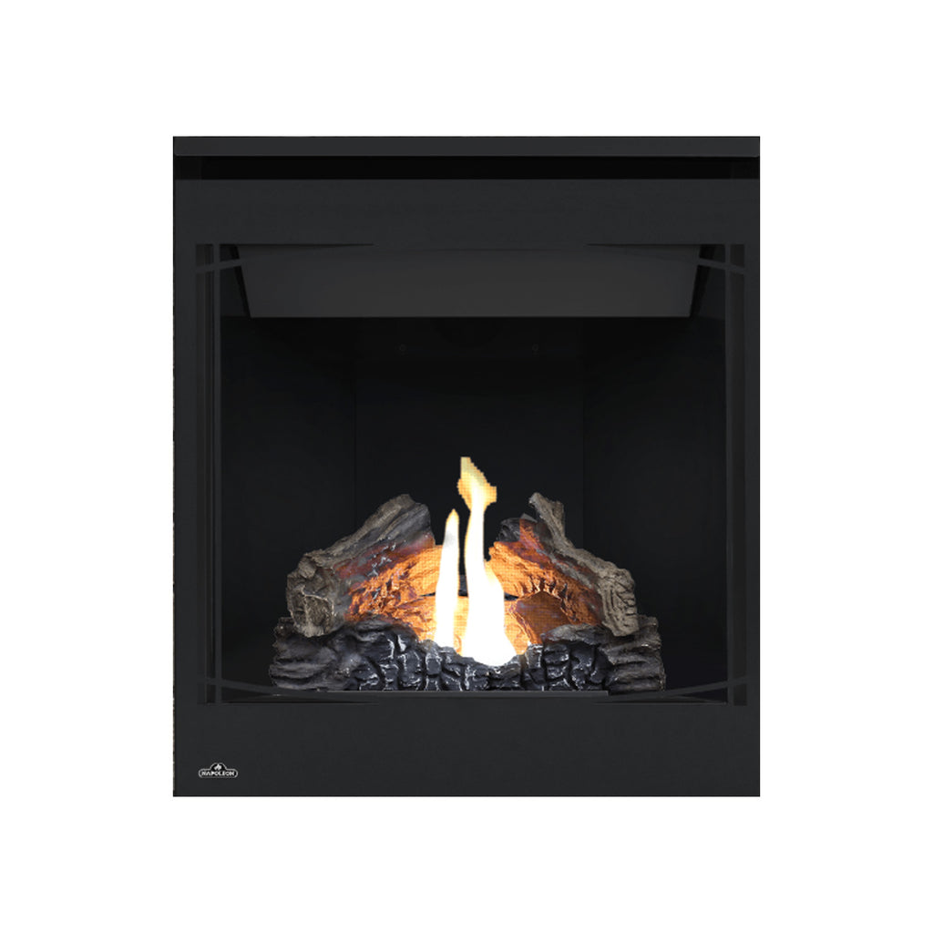 Direct vent gas fireplace with black frame and glowing flames over gray logs; no grille shown.