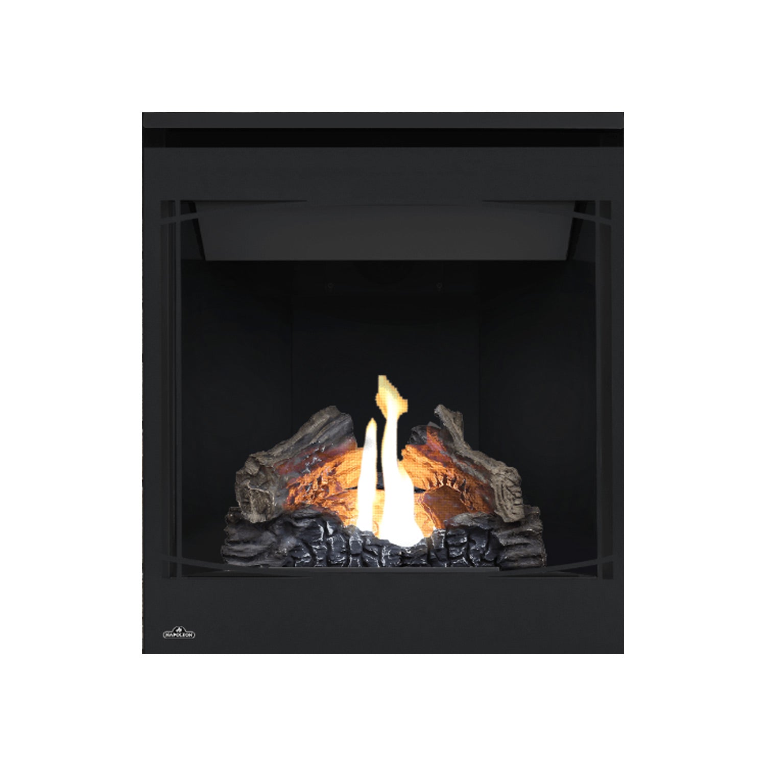 Direct vent gas fireplace with black frame and glowing flames over gray logs; no grille shown.
