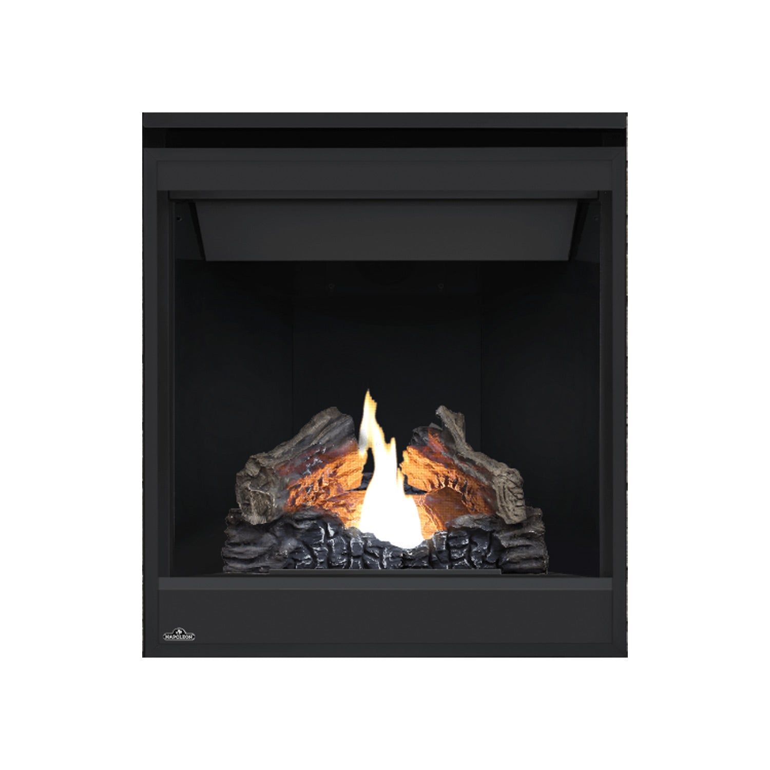 Direct vent gas fireplace with black surround and bright flames over gray logs; open front view.