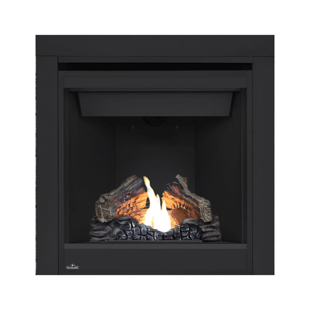 Black direct vent gas fireplace with flame and decorative logs inside the firebox