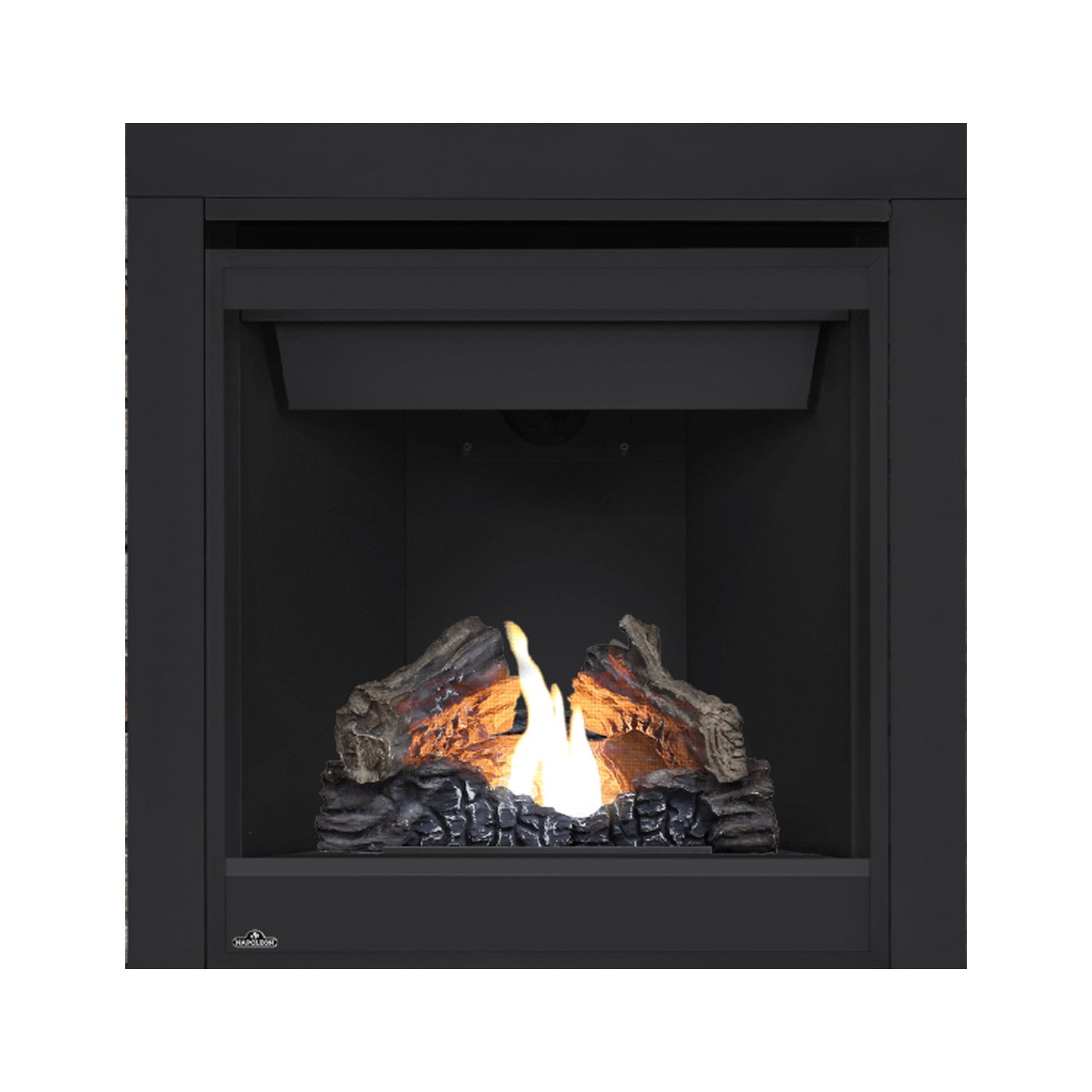 Black direct vent gas fireplace with flame and decorative logs inside the firebox