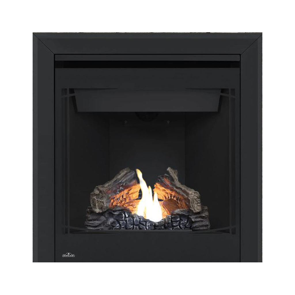 Direct vent gas fireplace with black surround and glowing flames over gray logs; open firebox.