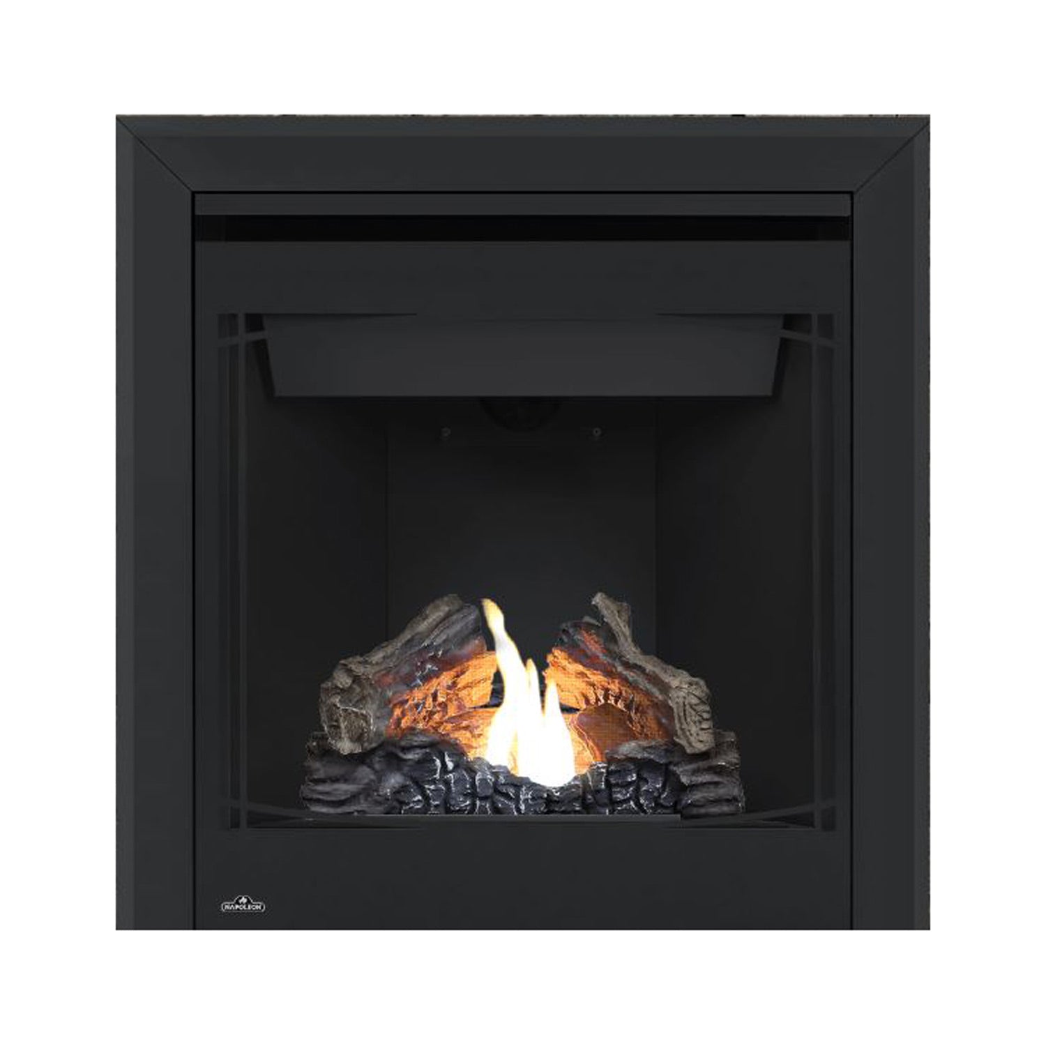 Direct vent gas fireplace with black surround and glowing flames over gray logs; open firebox.