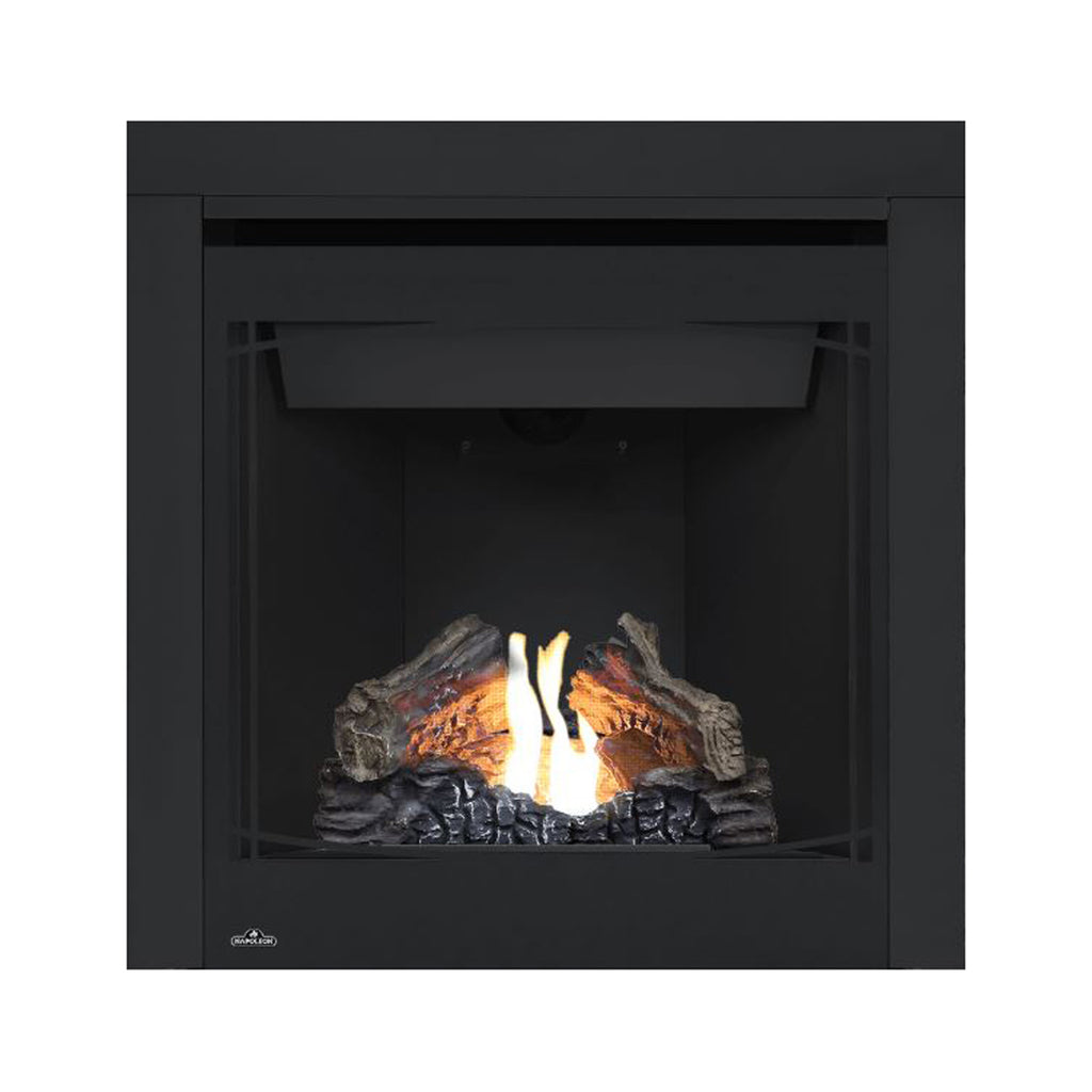 Direct vent gas fireplace with black frame and glowing flames over gray logs; side panels visible.