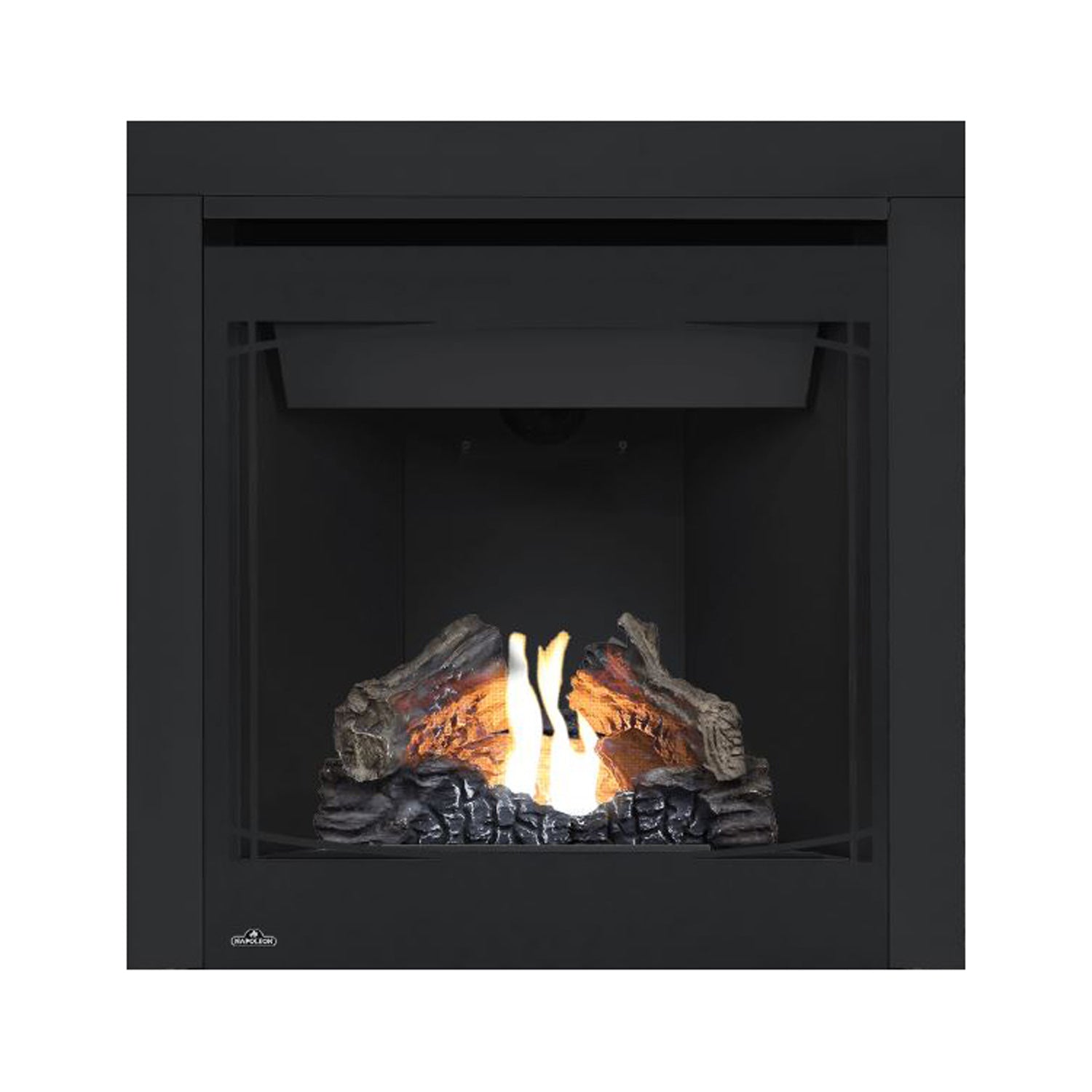 Direct vent gas fireplace with black frame and glowing flames over gray logs; side panels visible.