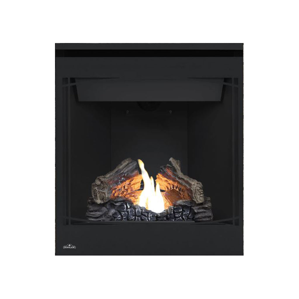 Black gas fireplace insert with faux logs, bright flame, and dark stone base