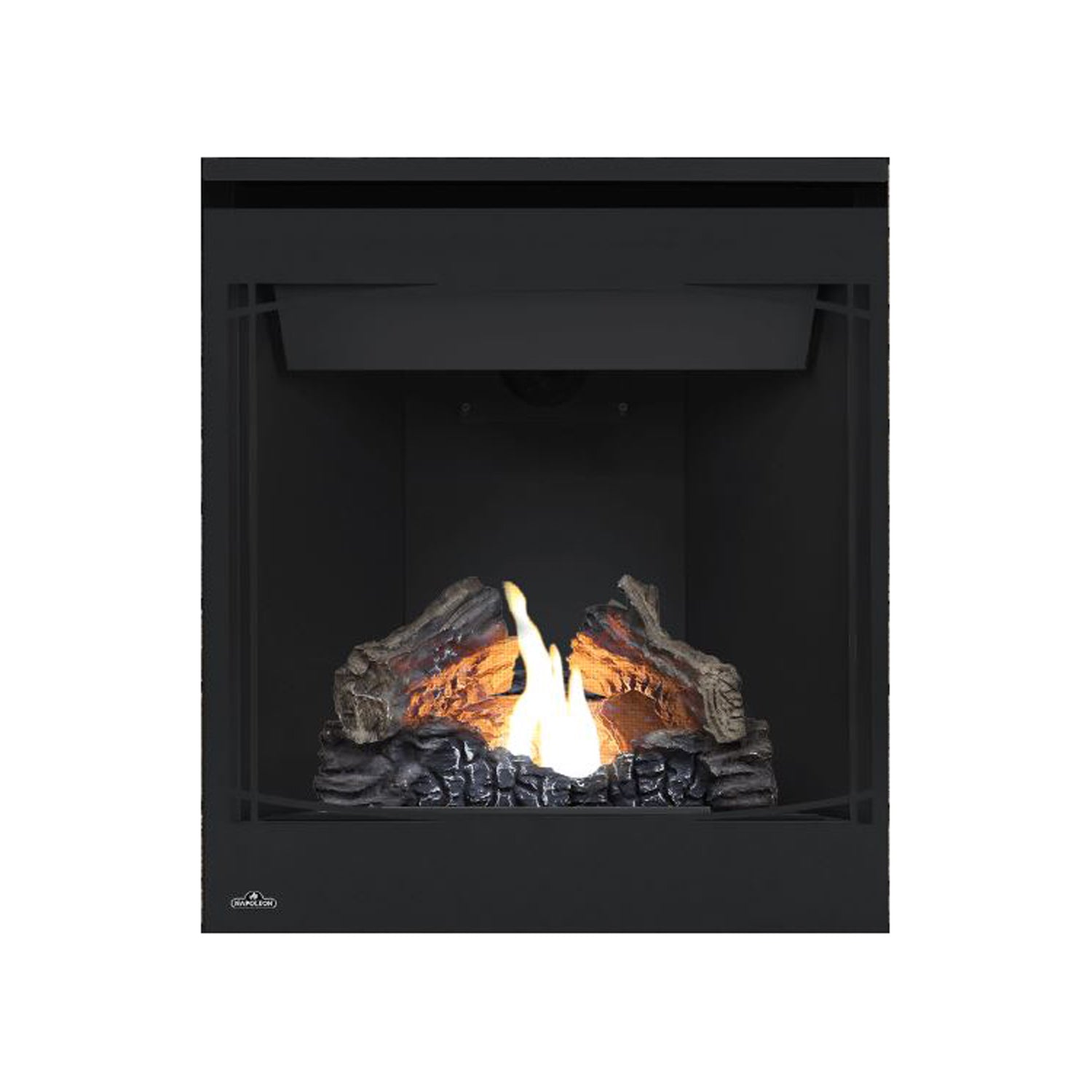 Black gas fireplace insert with faux logs, bright flame, and dark stone base