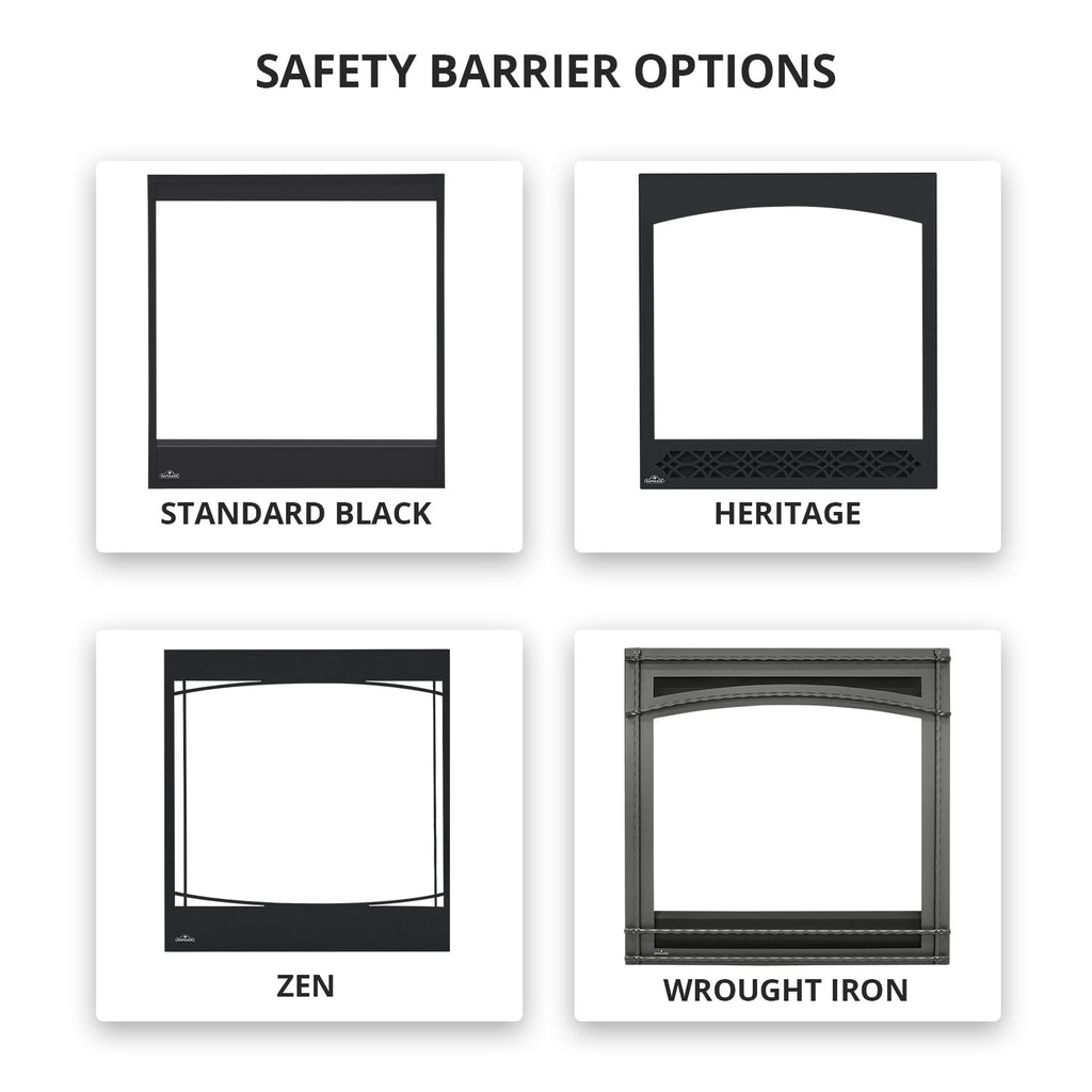 Gas fireplace safety barrier option tiles: Standard Black, Heritage, Zen, and Wrought Iron