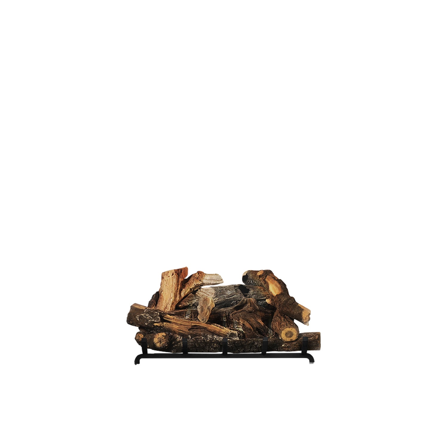 Oak log burner assembly with faux charred logs and metal base