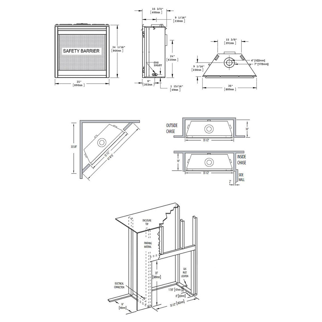 Gas fireplace technical dimensions diagram for safety barrier and vent components.