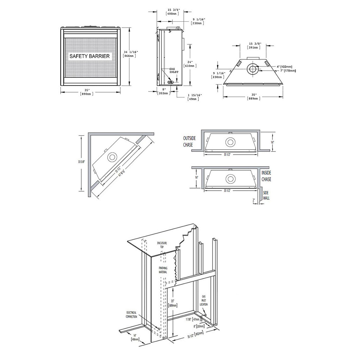 Gas fireplace technical dimensions diagram for safety barrier and vent components.