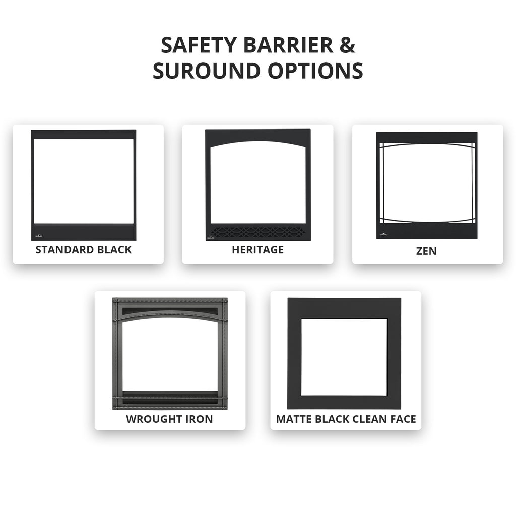 Safety barrier and surround swatch cards showing black frame styles for fireplace.